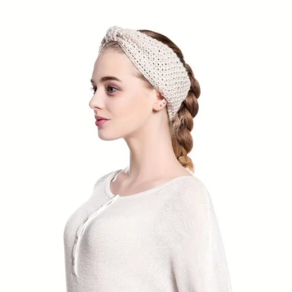 Tan Knitted Headband Elastic Wide Stretch Top Twist Ladies Hair Accessories - Picture 4 of 5